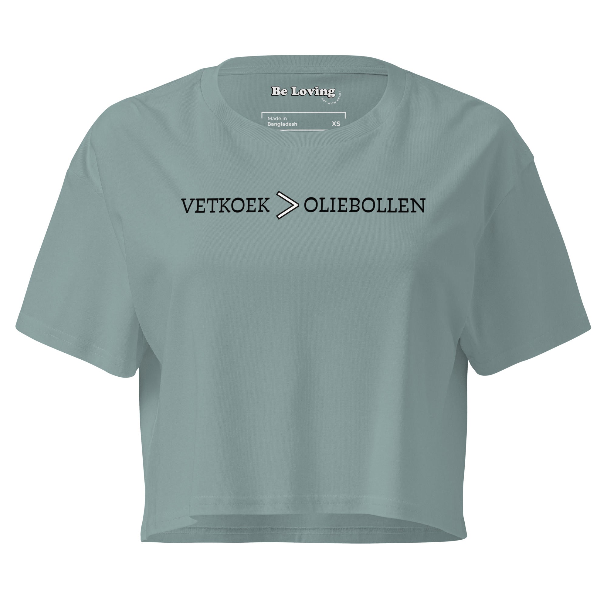 Women’s cropped t-shirt with “Vetkoek > Oliebollen” printed in black across the chest, South African Roots collection top.