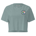 Women’s crop top with small “Dutch With An African Touch” text and a heart combining South African and Dutch flag colours on the chest.