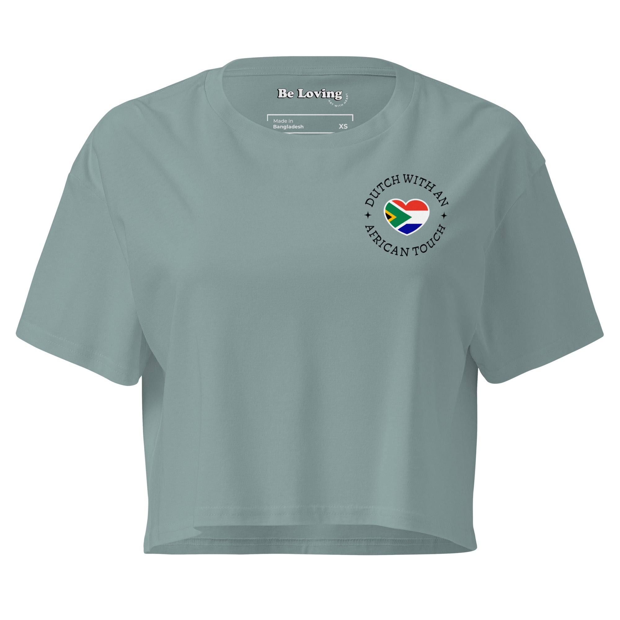 Women’s crop top with small “Dutch With An African Touch” text and a heart combining South African and Dutch flag colours on the chest.