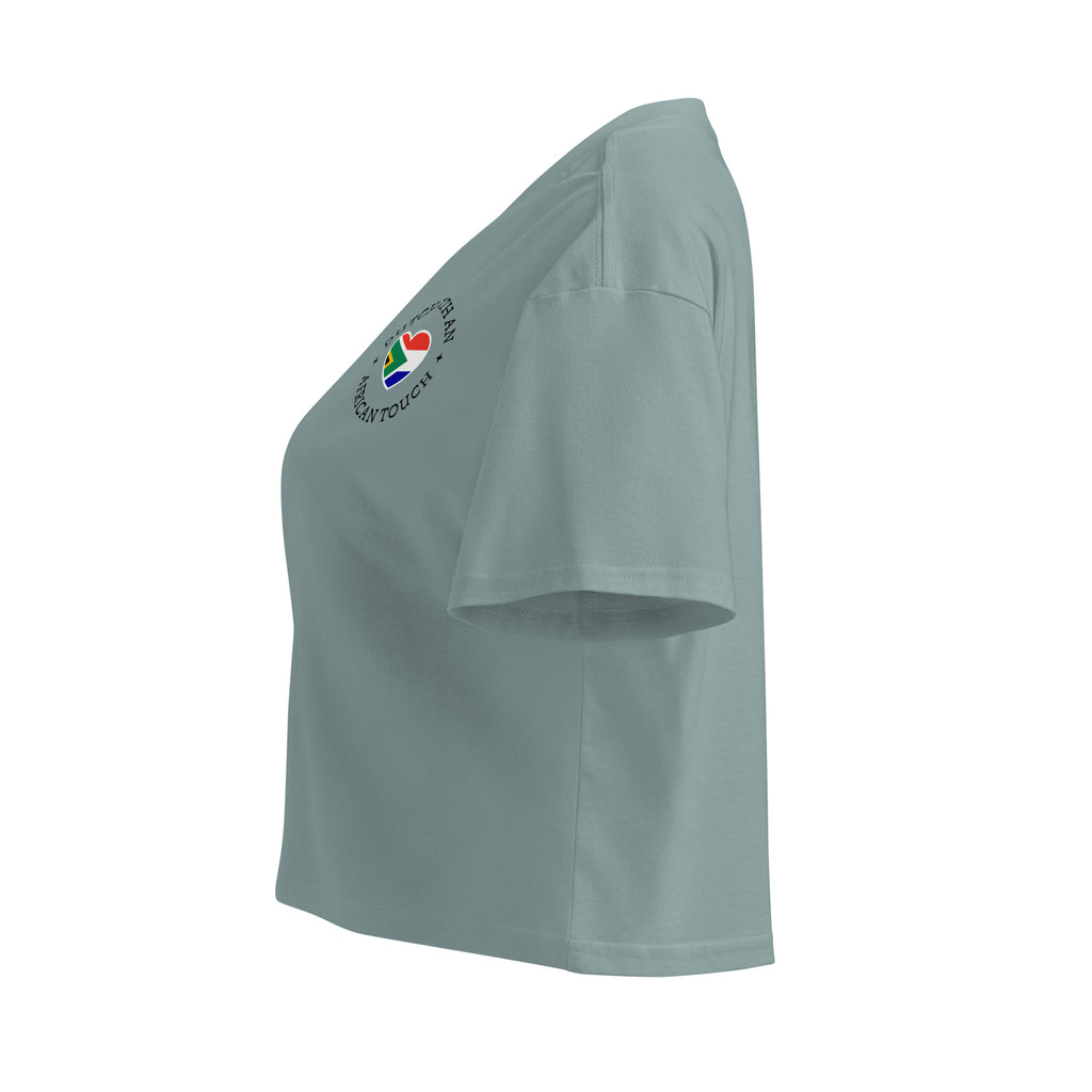 Women’s crop top with small “Dutch With An African Touch” text and a heart combining South African and Dutch flag colours on the chest.