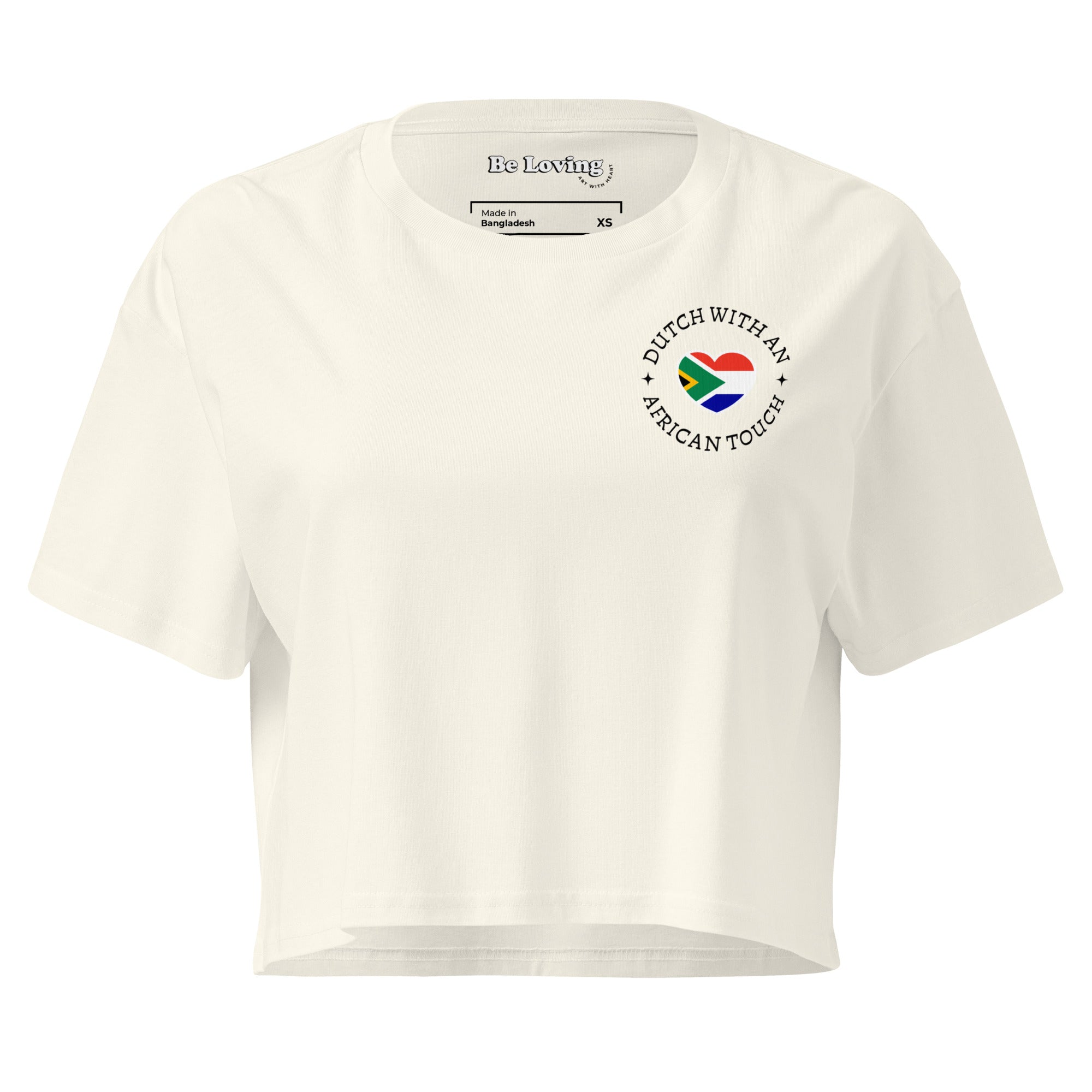 Women’s crop top with small “Dutch With An African Touch” text and a heart combining South African and Dutch flag colours on the chest.