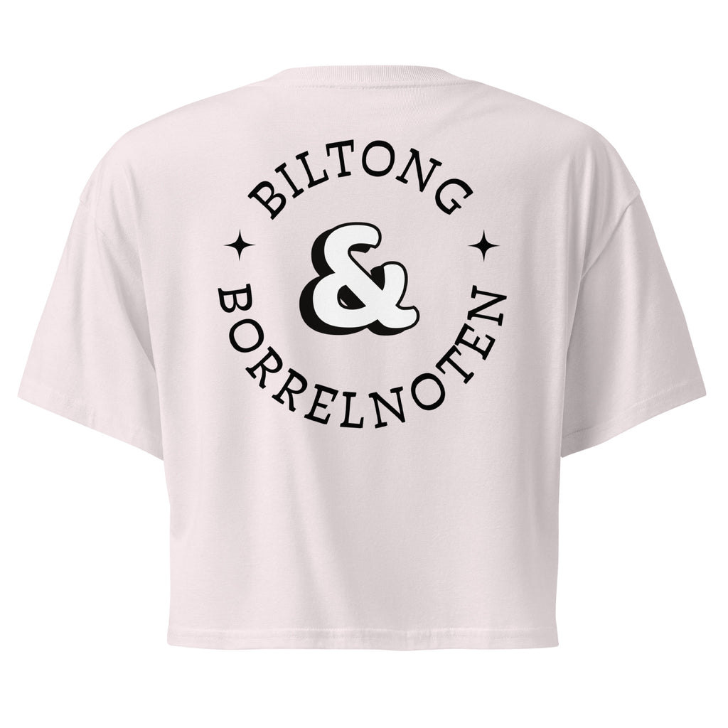 Women’s crop top with a small Two Homes One Heart design combining South African and Dutch flags on the chest and large Biltong & Borrelnoten graphic on the back.