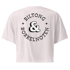 Women’s crop top with a small Two Homes One Heart design combining South African and Dutch flags on the chest and large Biltong & Borrelnoten graphic on the back.