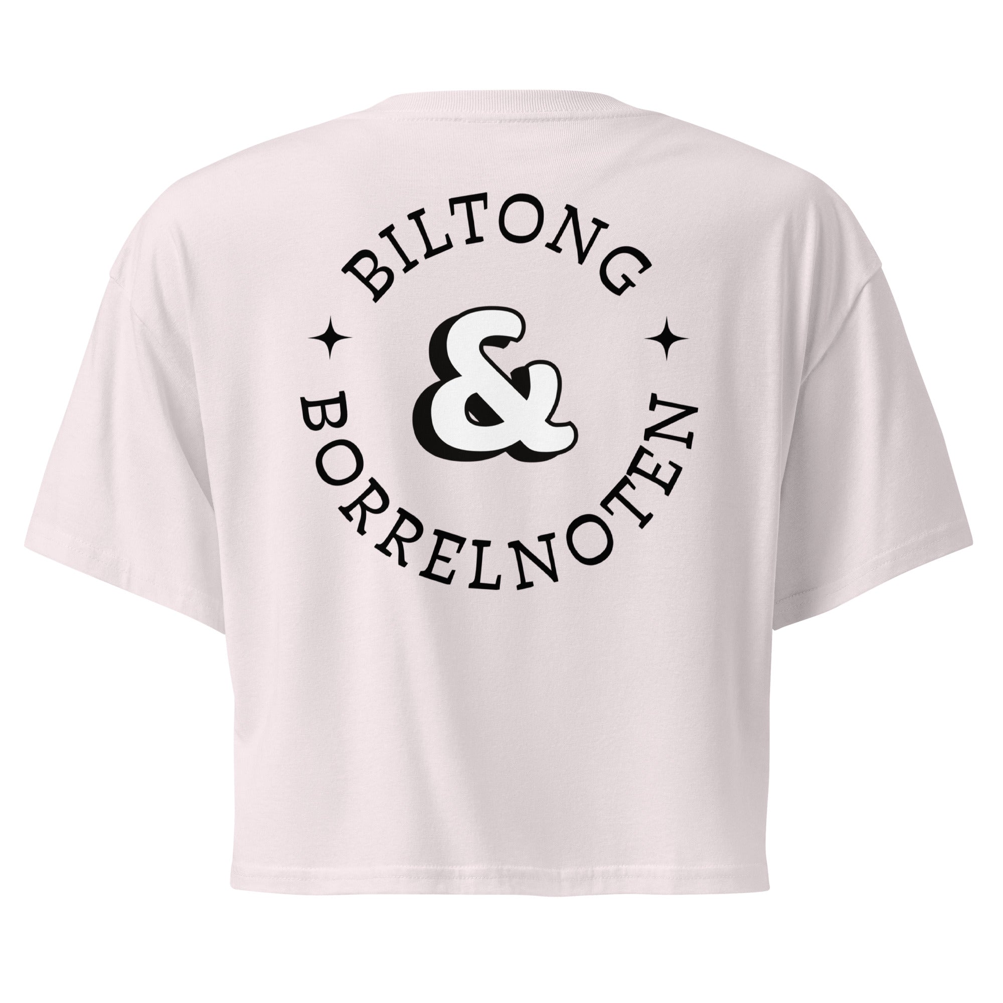 Women’s crop top with a small Two Homes One Heart design combining South African and Dutch flags on the chest and large Biltong & Borrelnoten graphic on the back.
