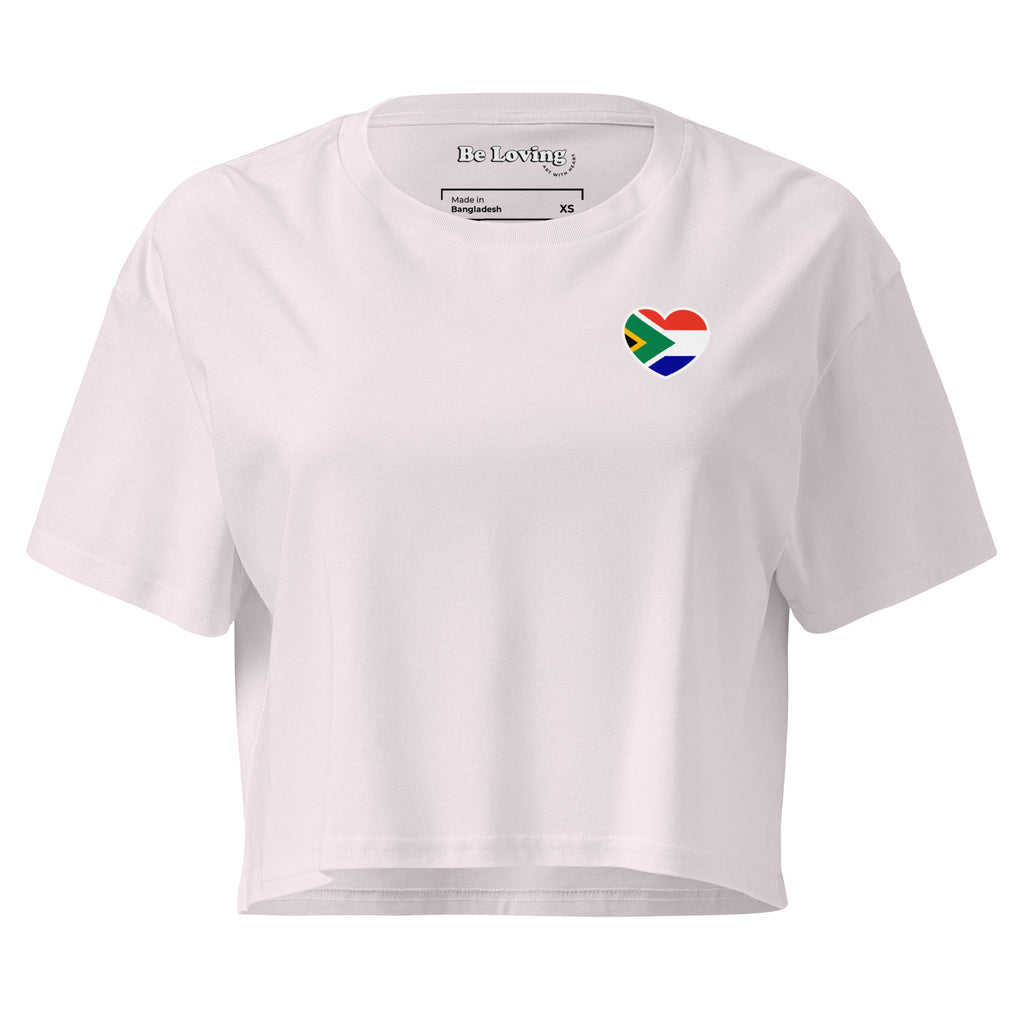 Women’s crop top with a small Two Homes One Heart design combining South African and Dutch flags on the chest and large Biltong & Borrelnoten graphic on the back.