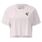 Women’s crop top with a small Two Homes One Heart design combining South African and Dutch flags on the chest and large Biltong & Borrelnoten graphic on the back.