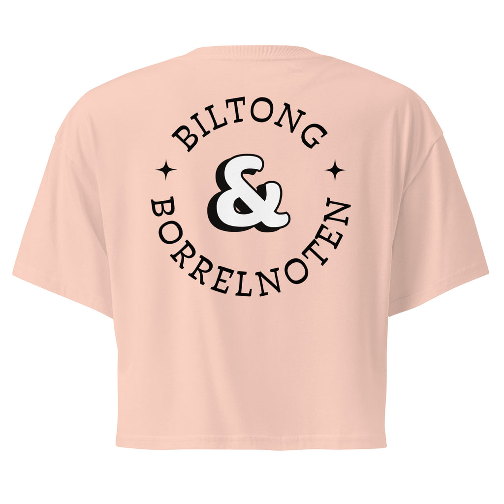 Women’s crop top with a small Two Homes One Heart design combining South African and Dutch flags on the chest and large Biltong & Borrelnoten graphic on the back.