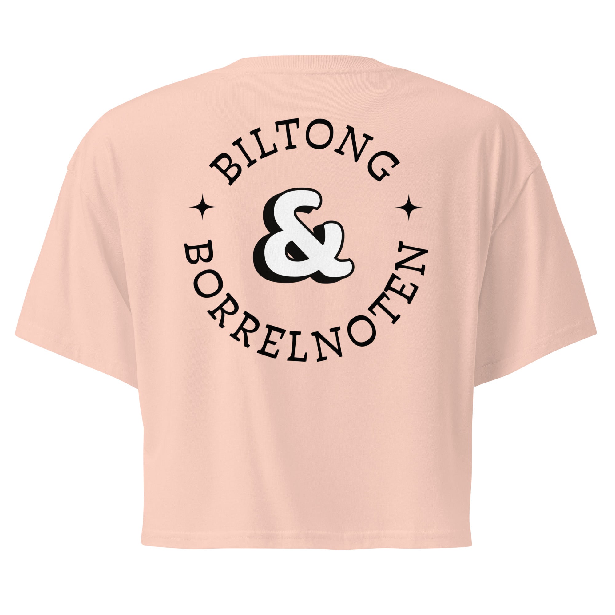 Women’s crop top with a small Two Homes One Heart design combining South African and Dutch flags on the chest and large Biltong & Borrelnoten graphic on the back.