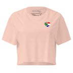 Women’s crop top with a small Two Homes One Heart design combining South African and Dutch flags on the chest and large Biltong & Borrelnoten graphic on the back.