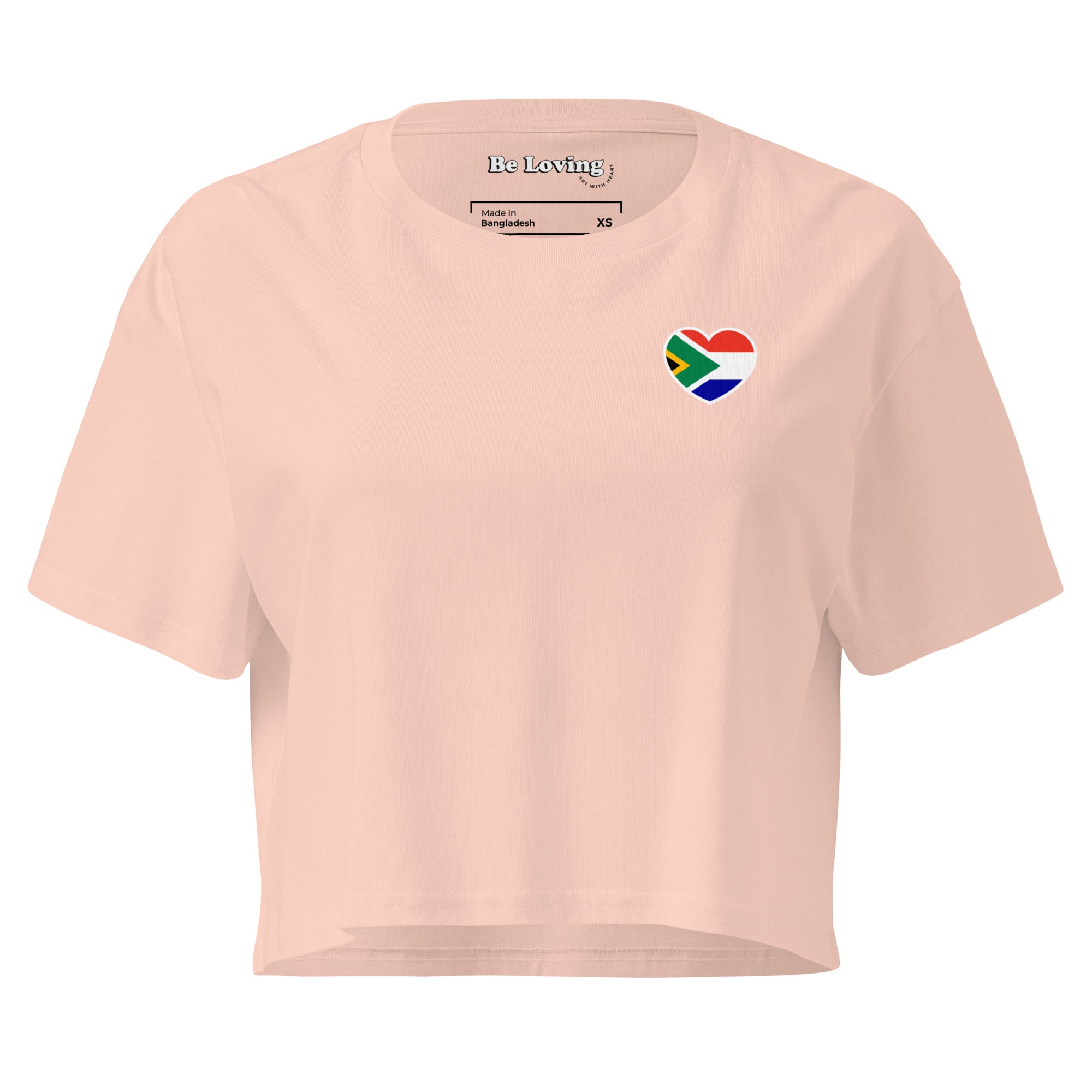 Women’s crop top with a small Two Homes One Heart design combining South African and Dutch flags on the chest and large Biltong & Borrelnoten graphic on the back.