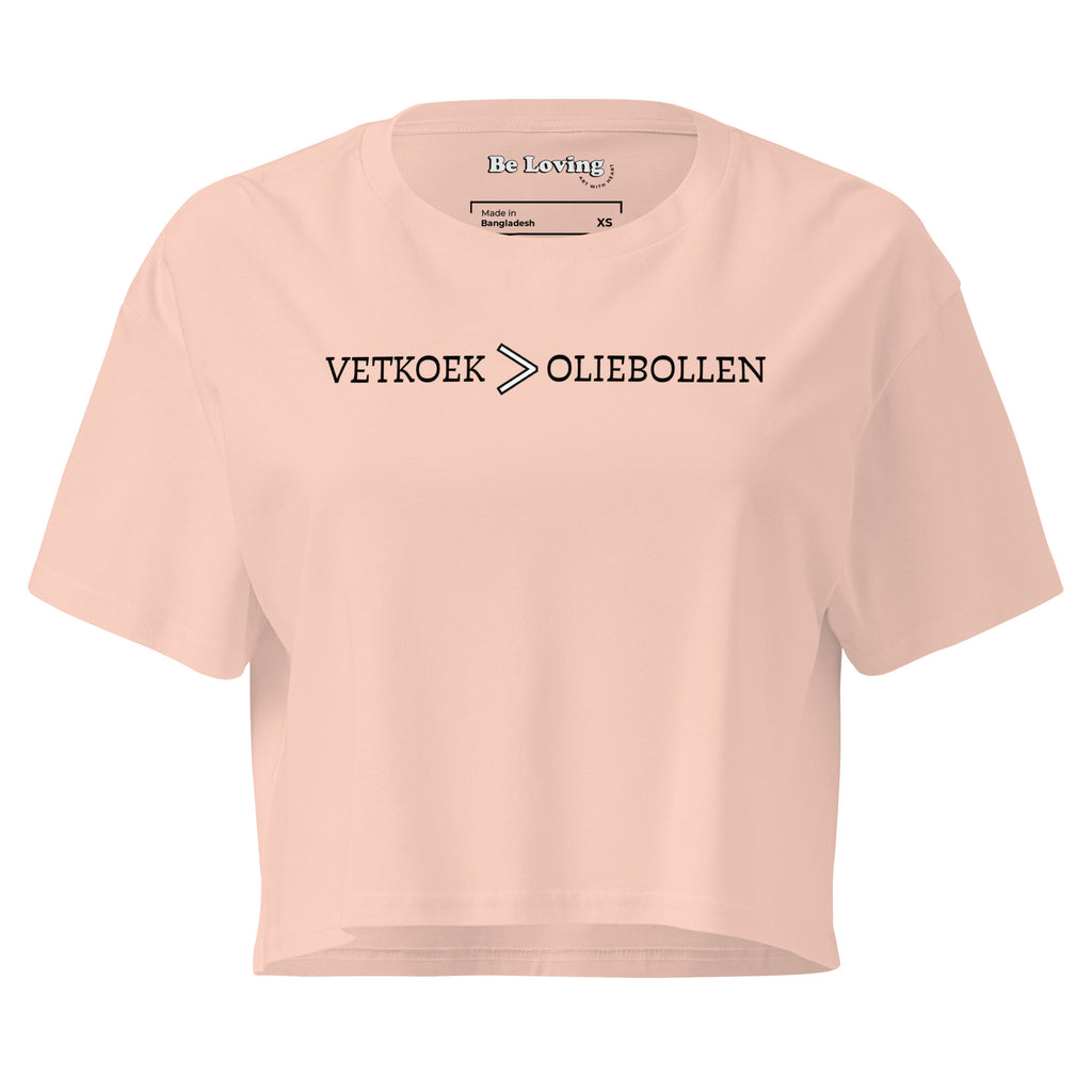 Women’s cropped t-shirt with “Vetkoek > Oliebollen” printed in black across the chest, South African Roots collection top.