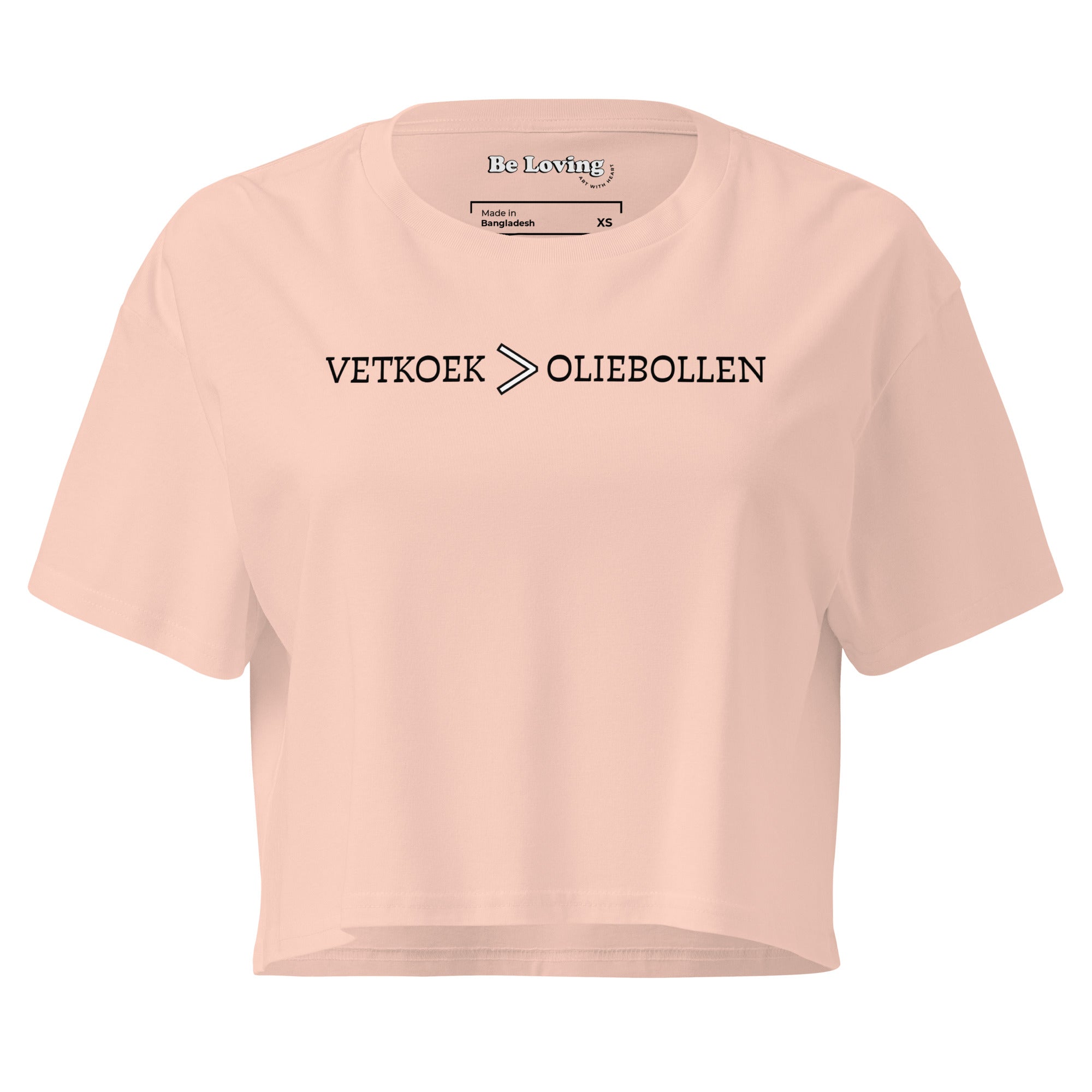 Women’s cropped t-shirt with “Vetkoek > Oliebollen” printed in black across the chest, South African Roots collection top.