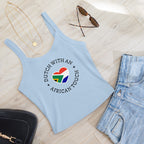 Women’s micro-rib tank top with “Dutch With An African Touch” text surrounding a heart combining South African and Dutch flag colours.