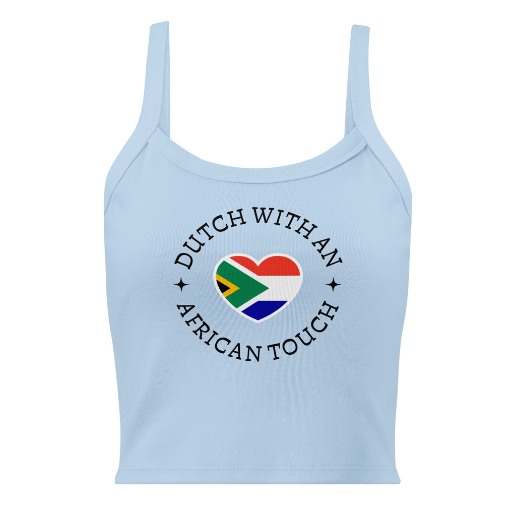 Women’s micro-rib tank top with “Dutch With An African Touch” text surrounding a heart combining South African and Dutch flag colours.