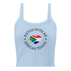 Women’s micro-rib tank top with “Dutch With An African Touch” text surrounding a heart combining South African and Dutch flag colours.