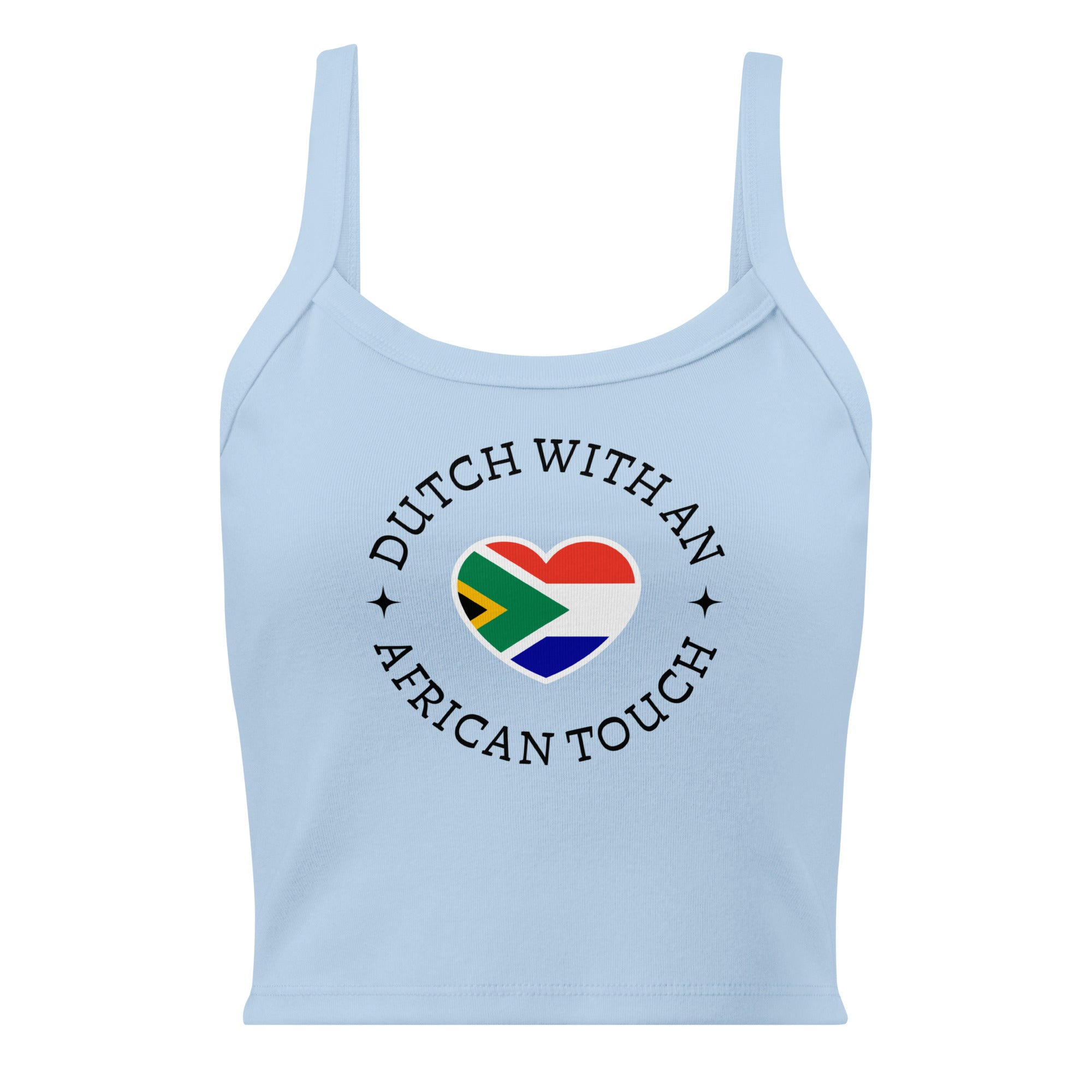 Women’s micro-rib tank top with “Dutch With An African Touch” text surrounding a heart combining South African and Dutch flag colours.