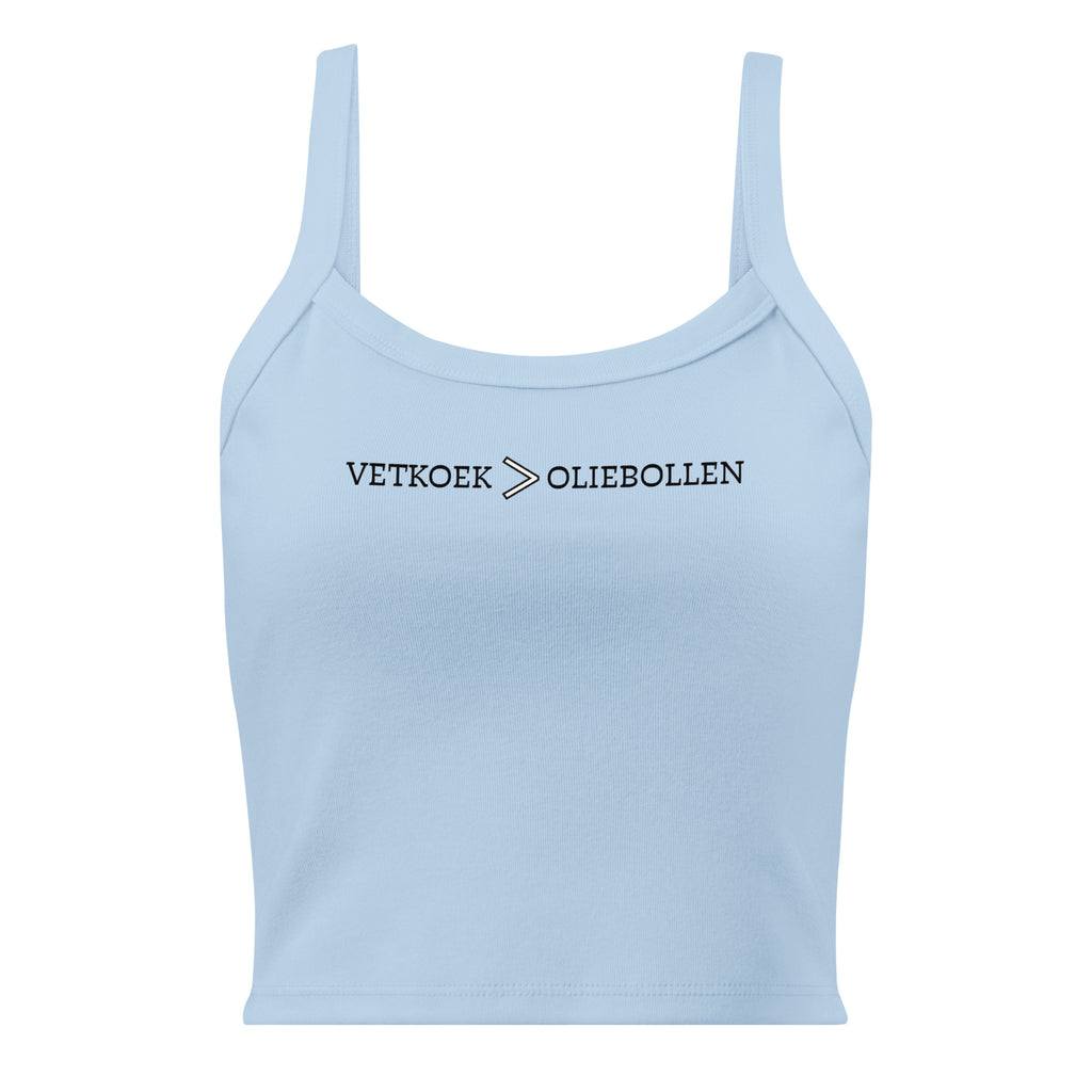 Women’s micro-rib tank top with the text “Vetkoek > Oliebollen” printed across the chest, South African Roots collection top.
