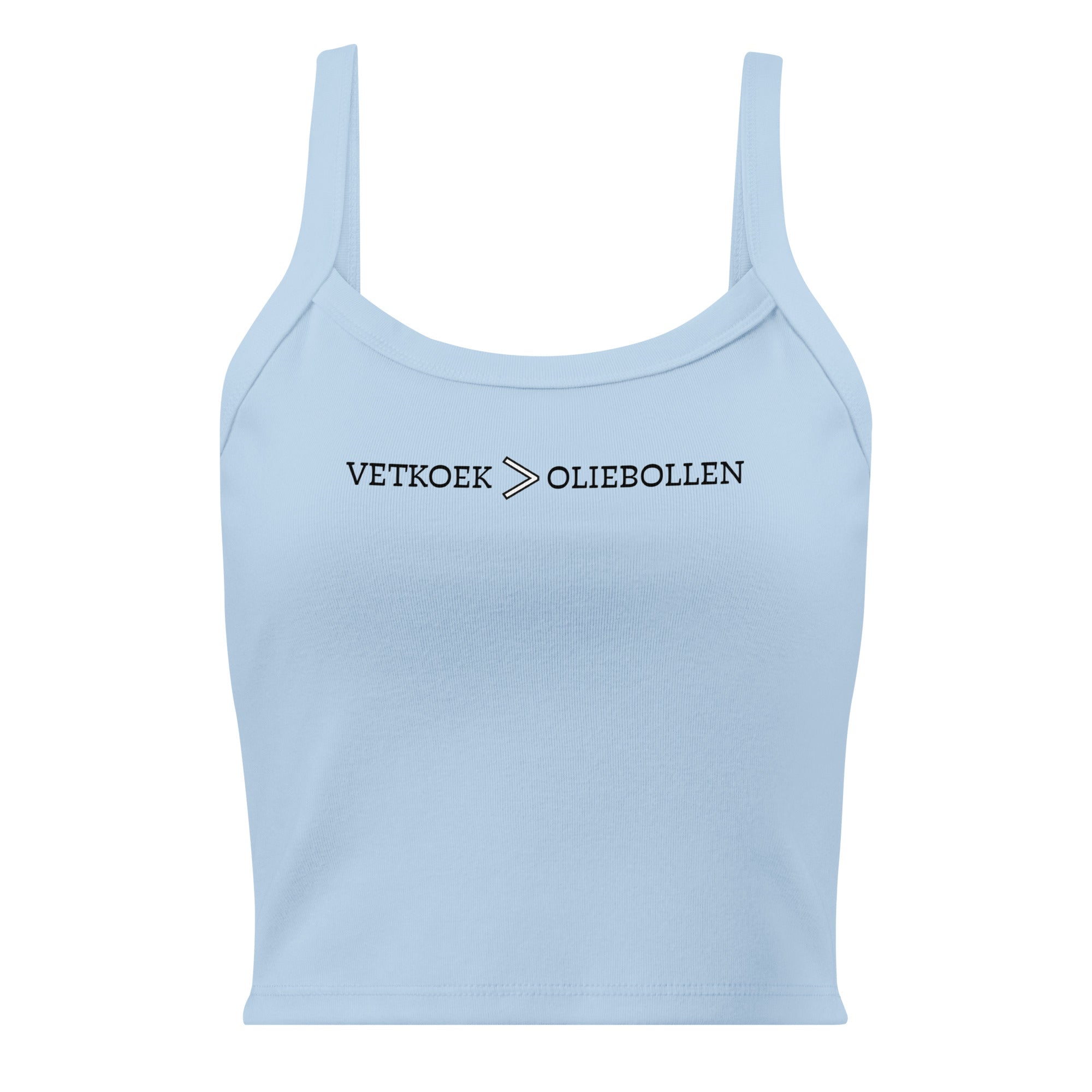 Women’s micro-rib tank top with the text “Vetkoek > Oliebollen” printed across the chest, South African Roots collection top.