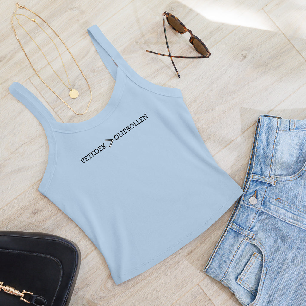 Women’s micro-rib tank top with the text “Vetkoek > Oliebollen” printed across the chest, South African Roots collection top.