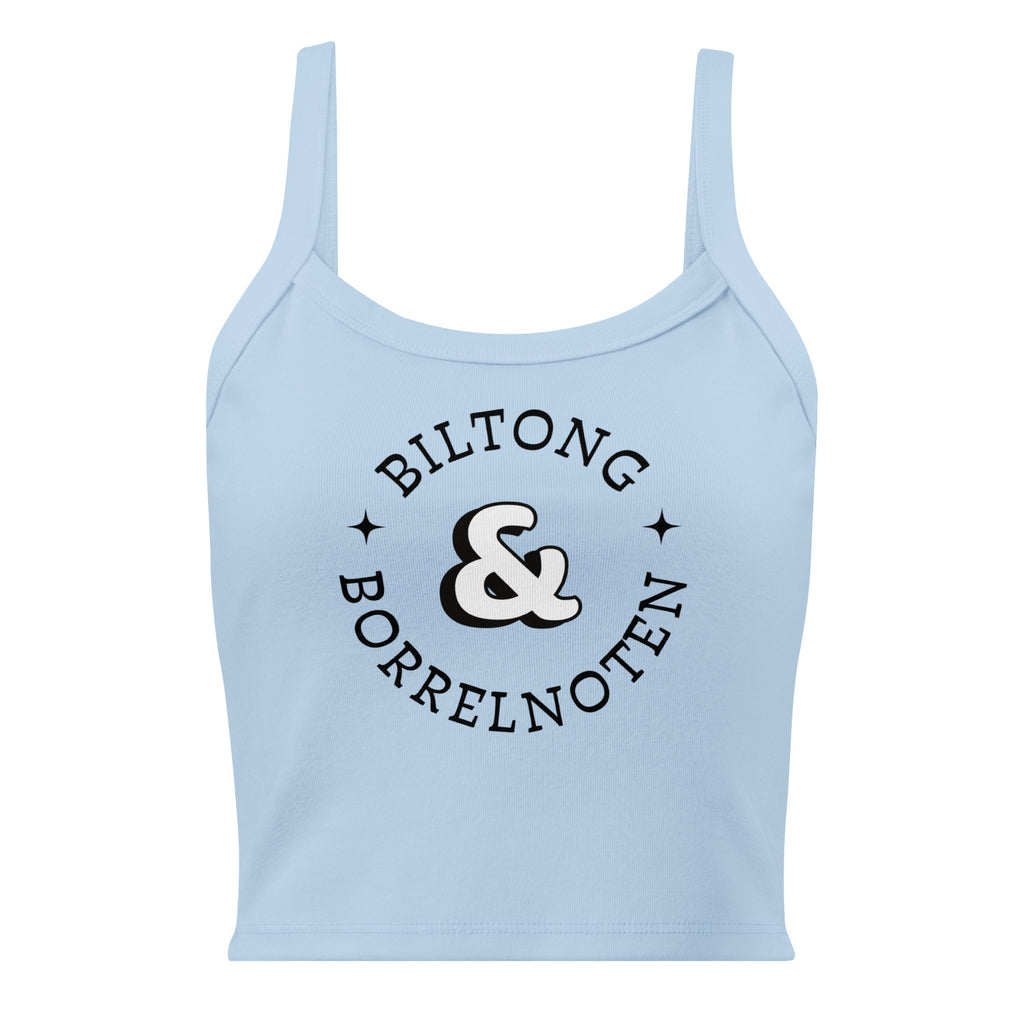 Women’s micro-rib tank top with large black “Biltong & Borrelnoten” circular graphic printed on the front.