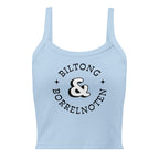 Women’s micro-rib tank top with large black “Biltong & Borrelnoten” circular graphic printed on the front.