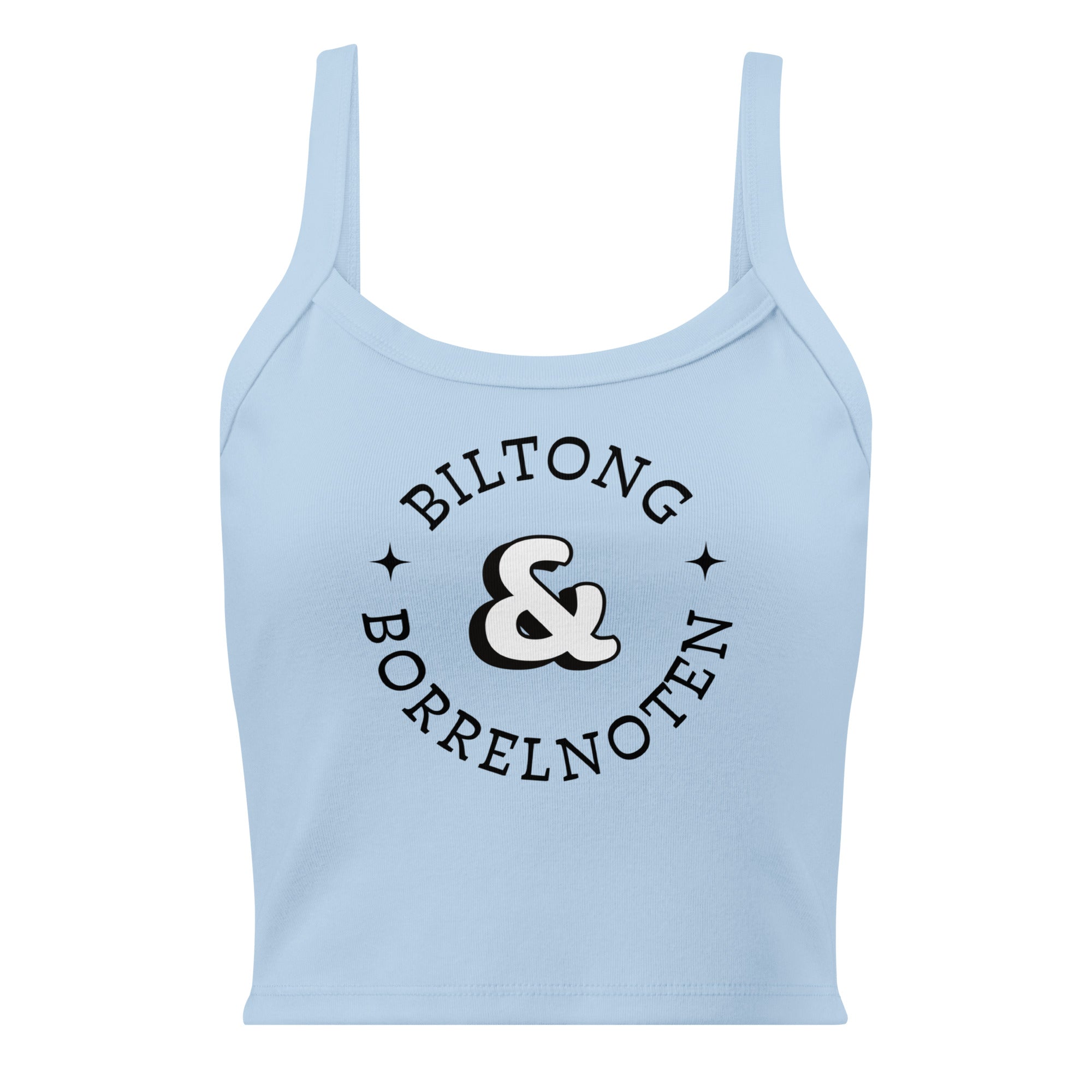 Women’s micro-rib tank top with large black “Biltong & Borrelnoten” circular graphic printed on the front.