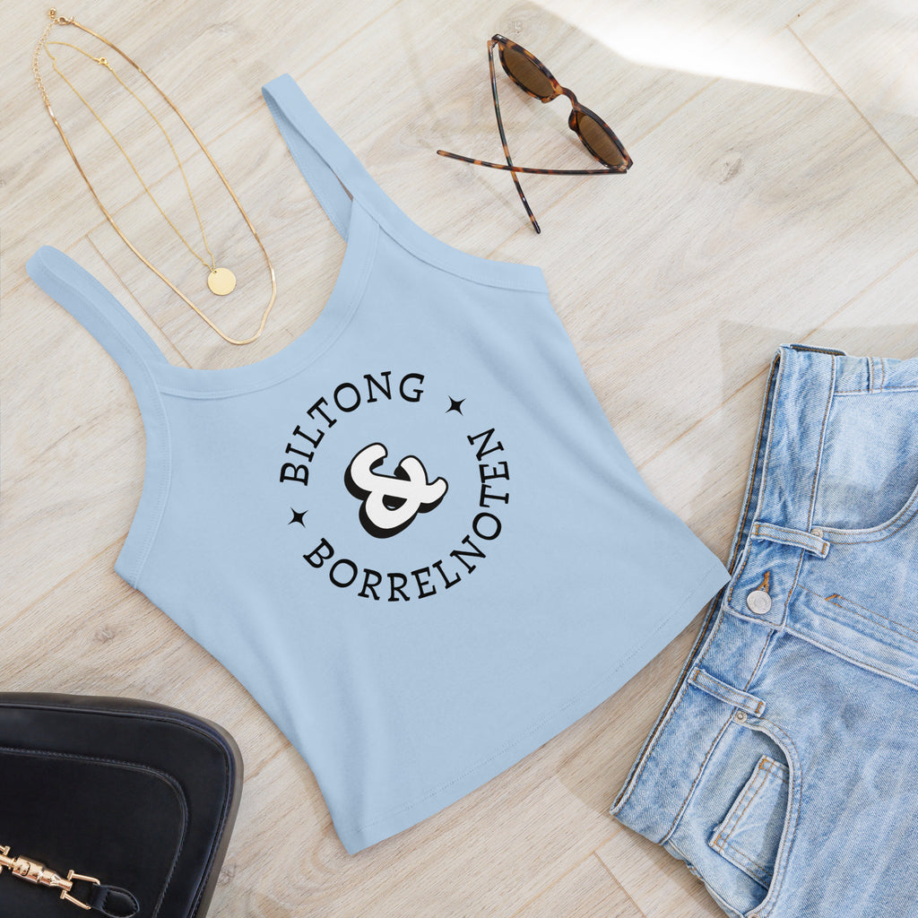 Women’s micro-rib tank top with large black “Biltong & Borrelnoten” circular graphic printed on the front.