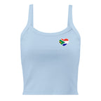 Women’s micro-rib tank top with a small Two Homes One Heart chest graphic combining South African and Dutch flag colours.