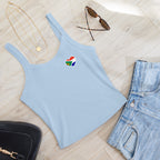 Women’s micro-rib tank top with a small Two Homes One Heart chest graphic combining South African and Dutch flag colours.