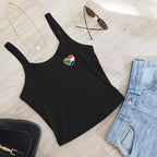 Women’s micro-rib tank top with a small Two Homes One Heart chest graphic combining South African and Dutch flag colours.