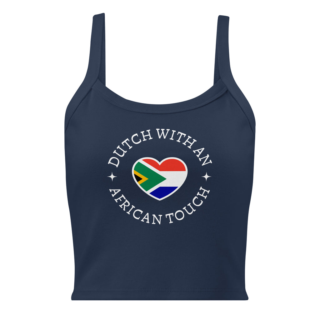 Women’s micro-rib tank top with “Dutch With An African Touch” text surrounding a heart combining South African and Dutch flag colours.