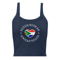 Women’s micro-rib tank top with “Dutch With An African Touch” text surrounding a heart combining South African and Dutch flag colours.