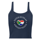 Women’s micro-rib tank top with “Dutch With An African Touch” text surrounding a heart combining South African and Dutch flag colours.
