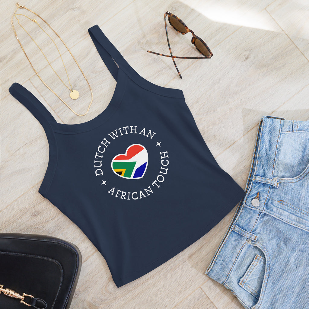 Women’s micro-rib tank top with “Dutch With An African Touch” text surrounding a heart combining South African and Dutch flag colours.