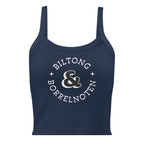 Women’s micro-rib tank top with large black “Biltong & Borrelnoten” circular graphic printed on the front.