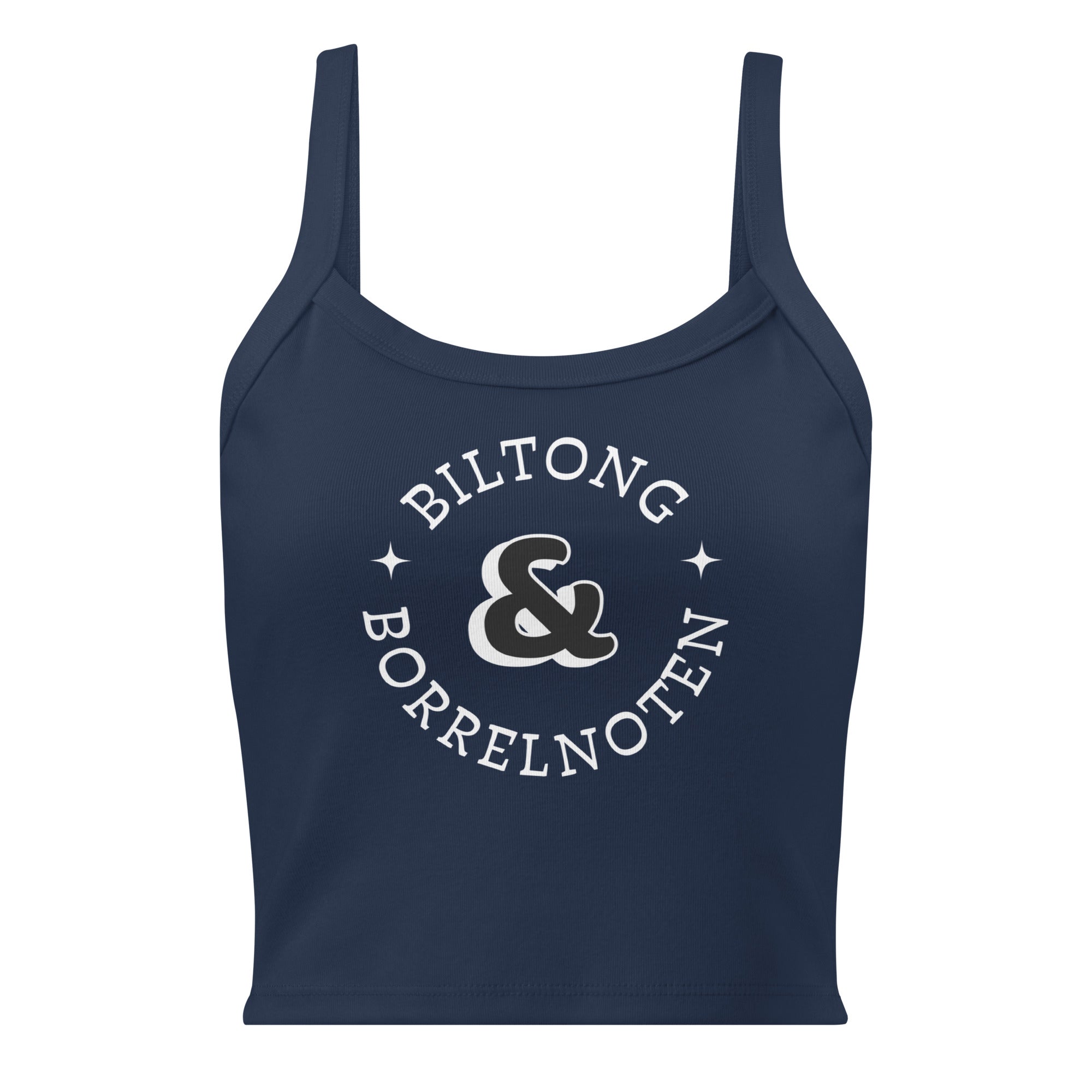 Women’s micro-rib tank top with large black “Biltong & Borrelnoten” circular graphic printed on the front.