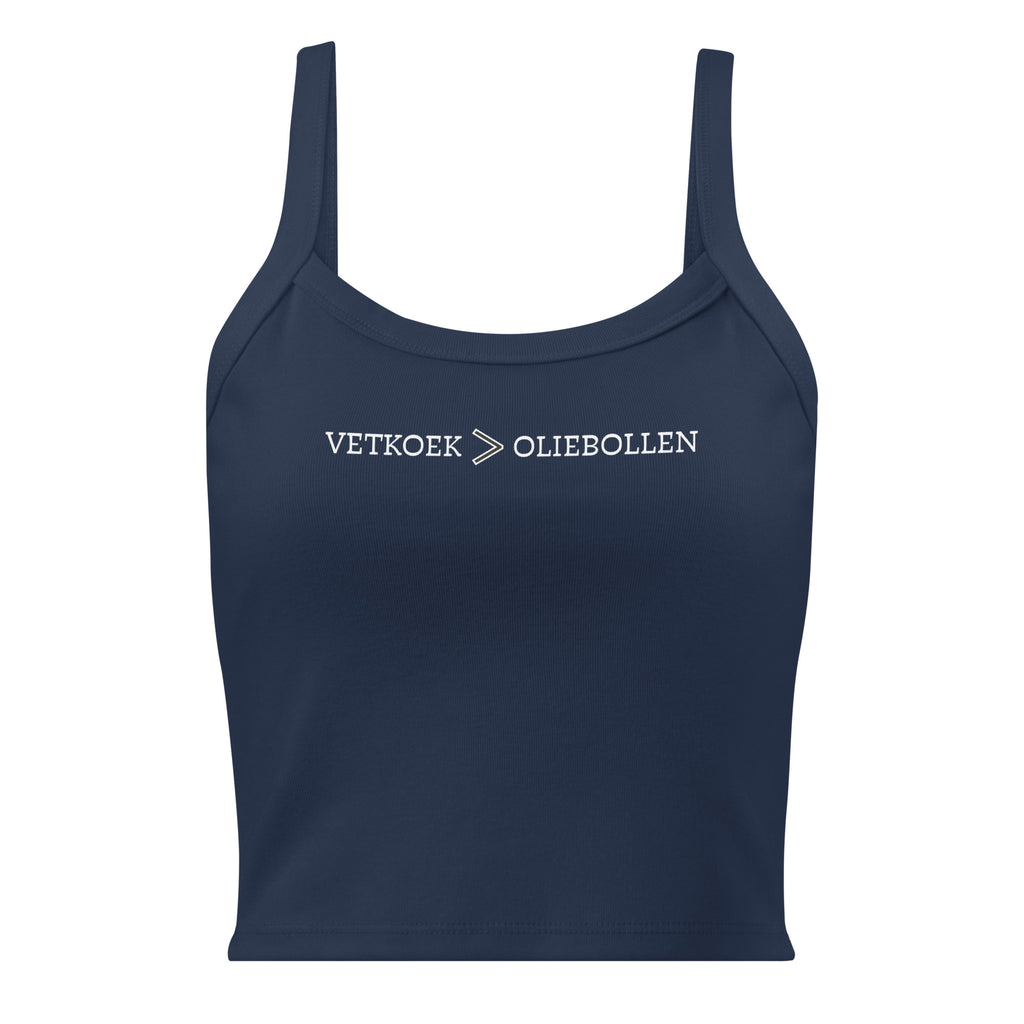 Women’s micro-rib tank top with the text “Vetkoek > Oliebollen” printed across the chest, South African Roots collection top.