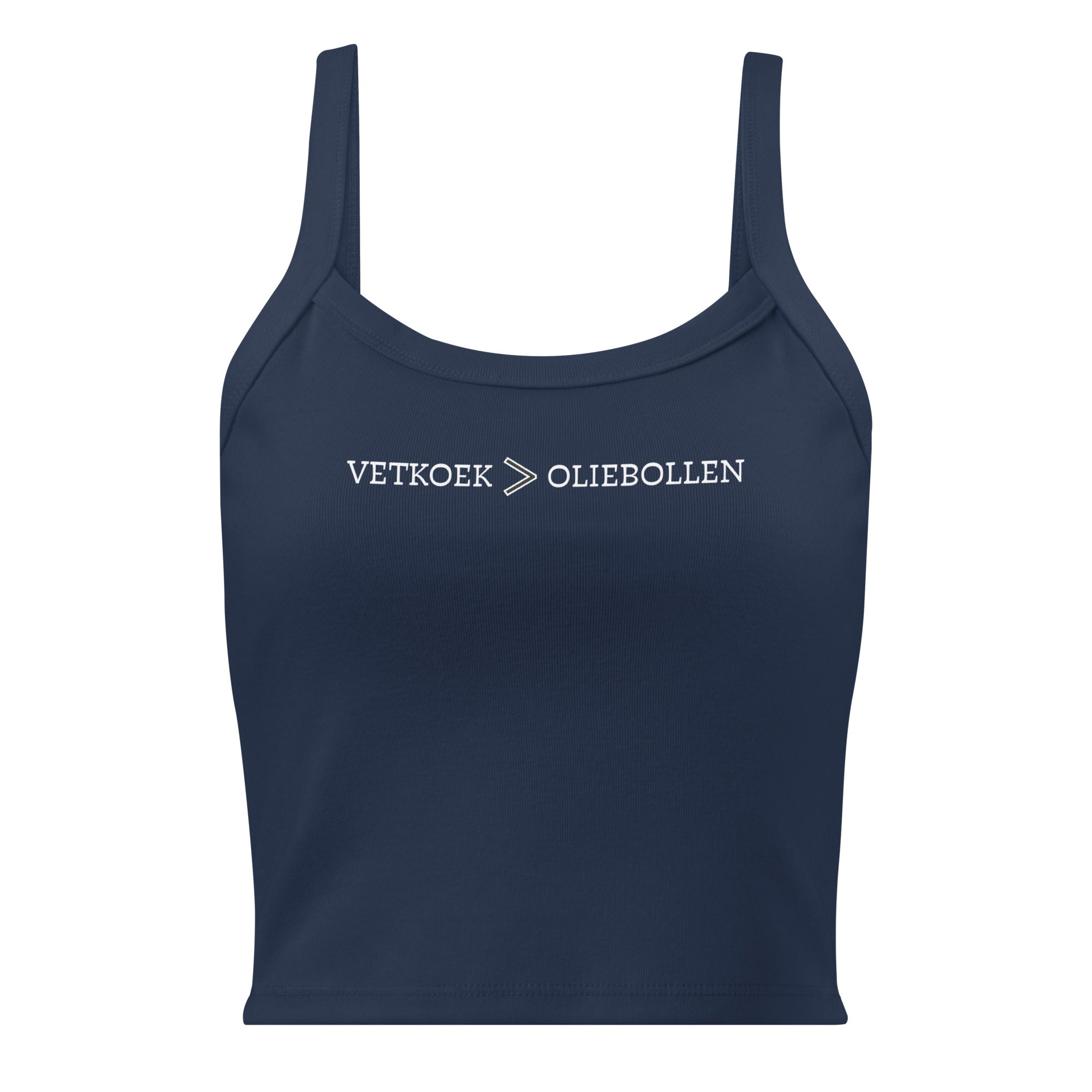 Women’s micro-rib tank top with the text “Vetkoek > Oliebollen” printed across the chest, South African Roots collection top.