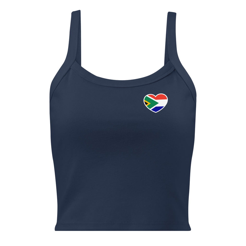 Women’s micro-rib tank top with a small Two Homes One Heart chest graphic combining South African and Dutch flag colours.