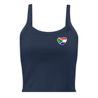 Women’s micro-rib tank top with a small Two Homes One Heart chest graphic combining South African and Dutch flag colours.