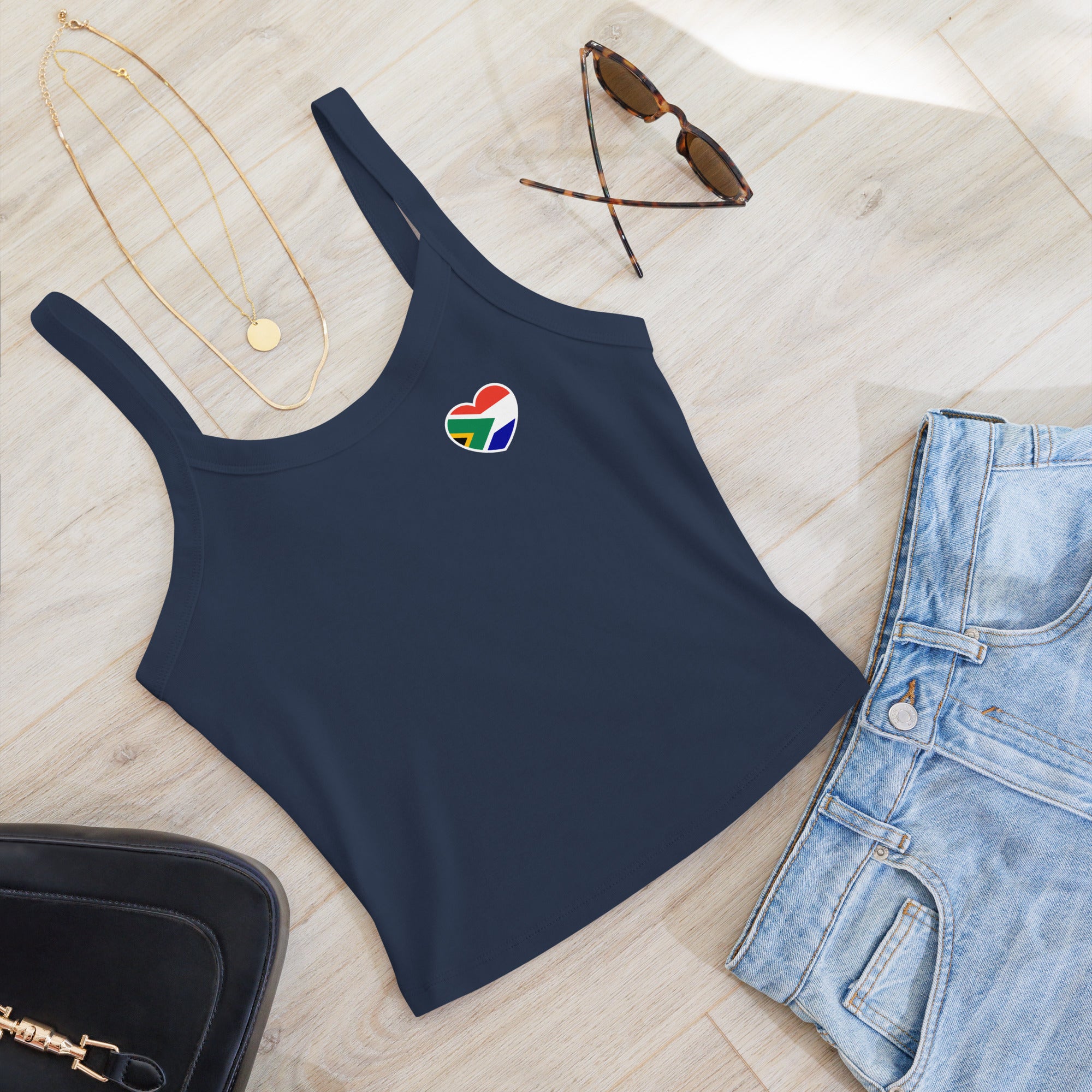 Women’s micro-rib tank top with a small Two Homes One Heart chest graphic combining South African and Dutch flag colours.