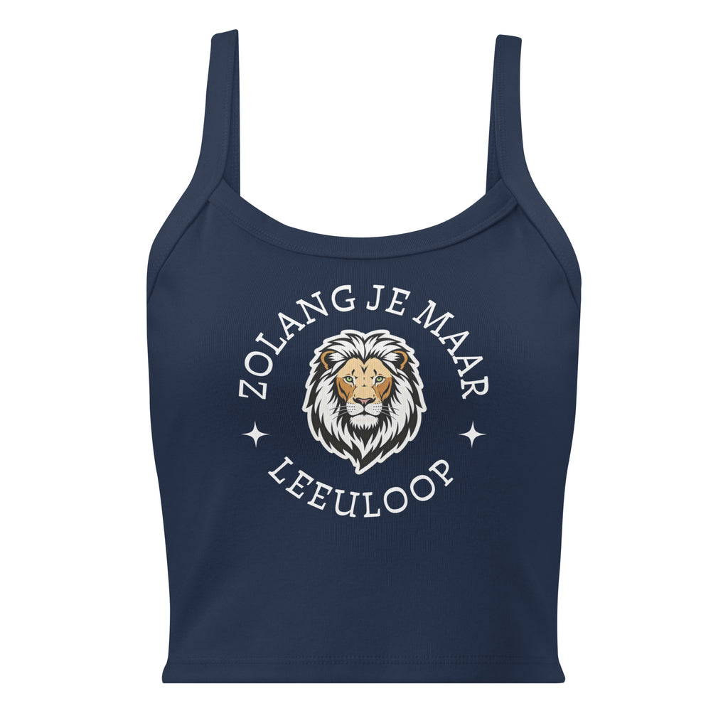 Women’s micro-rib tank top with lion illustration and the phrase “Zolang je maar leeuloop,” inspired by the Afrikaans song “Leeuloop.”