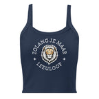 Women’s micro-rib tank top with lion illustration and the phrase “Zolang je maar leeuloop,” inspired by the Afrikaans song “Leeuloop.”