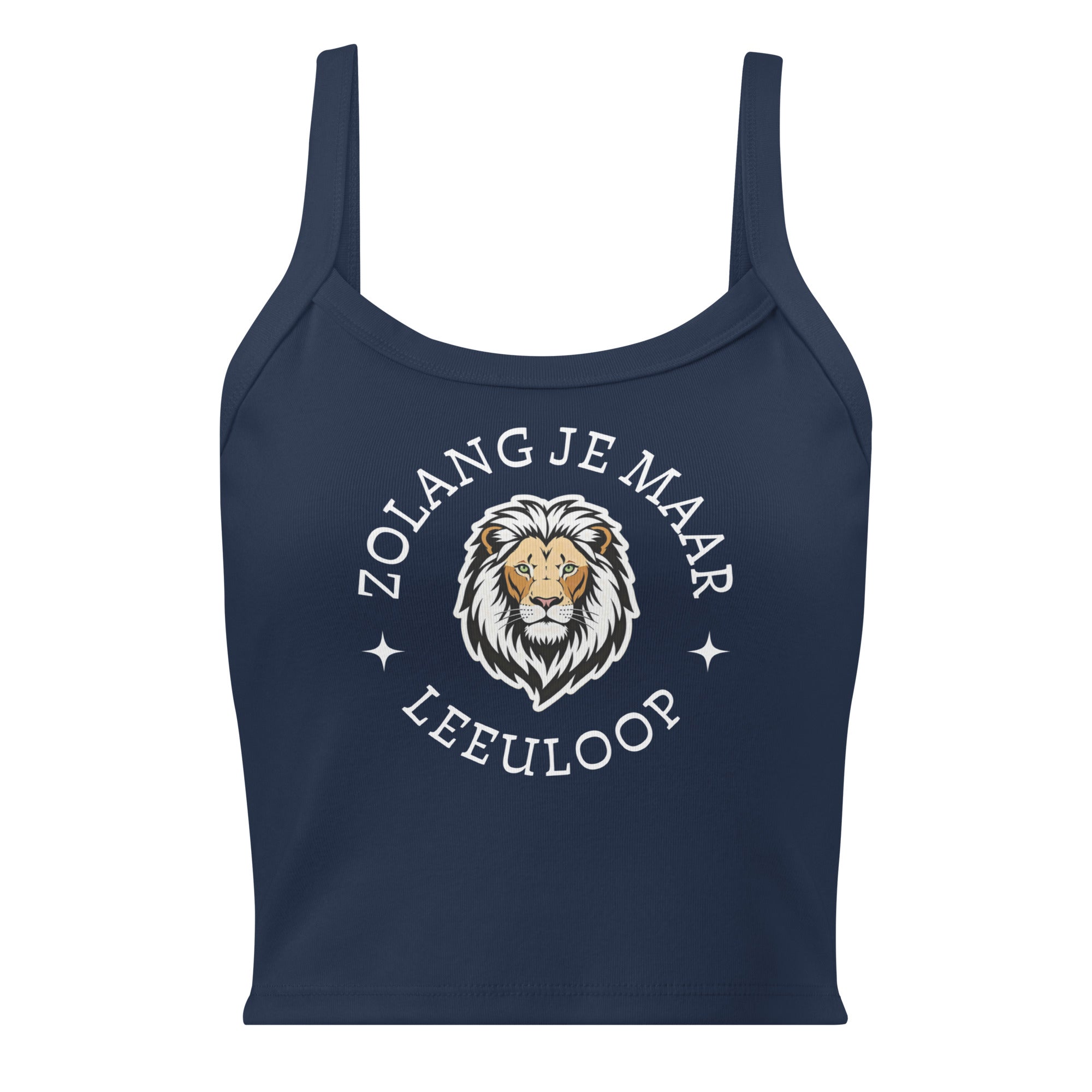 Women’s micro-rib tank top with lion illustration and the phrase “Zolang je maar leeuloop,” inspired by the Afrikaans song “Leeuloop.”