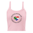 Women’s micro-rib tank top with “Dutch With An African Touch” text surrounding a heart combining South African and Dutch flag colours.