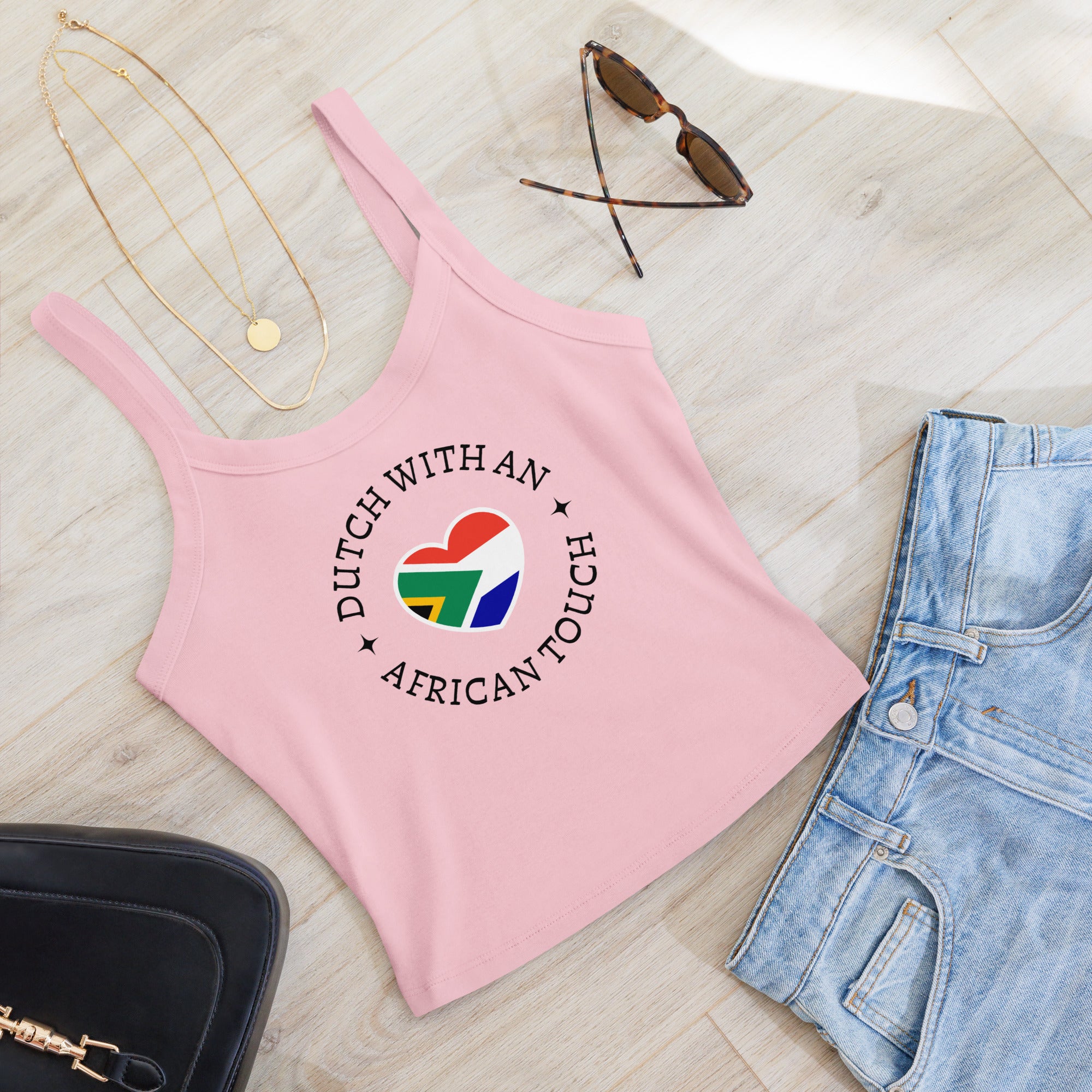 Women’s micro-rib tank top with “Dutch With An African Touch” text surrounding a heart combining South African and Dutch flag colours.