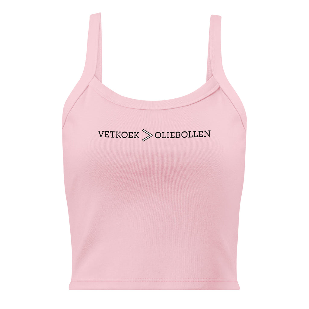 Women’s micro-rib tank top with the text “Vetkoek > Oliebollen” printed across the chest, South African Roots collection top.