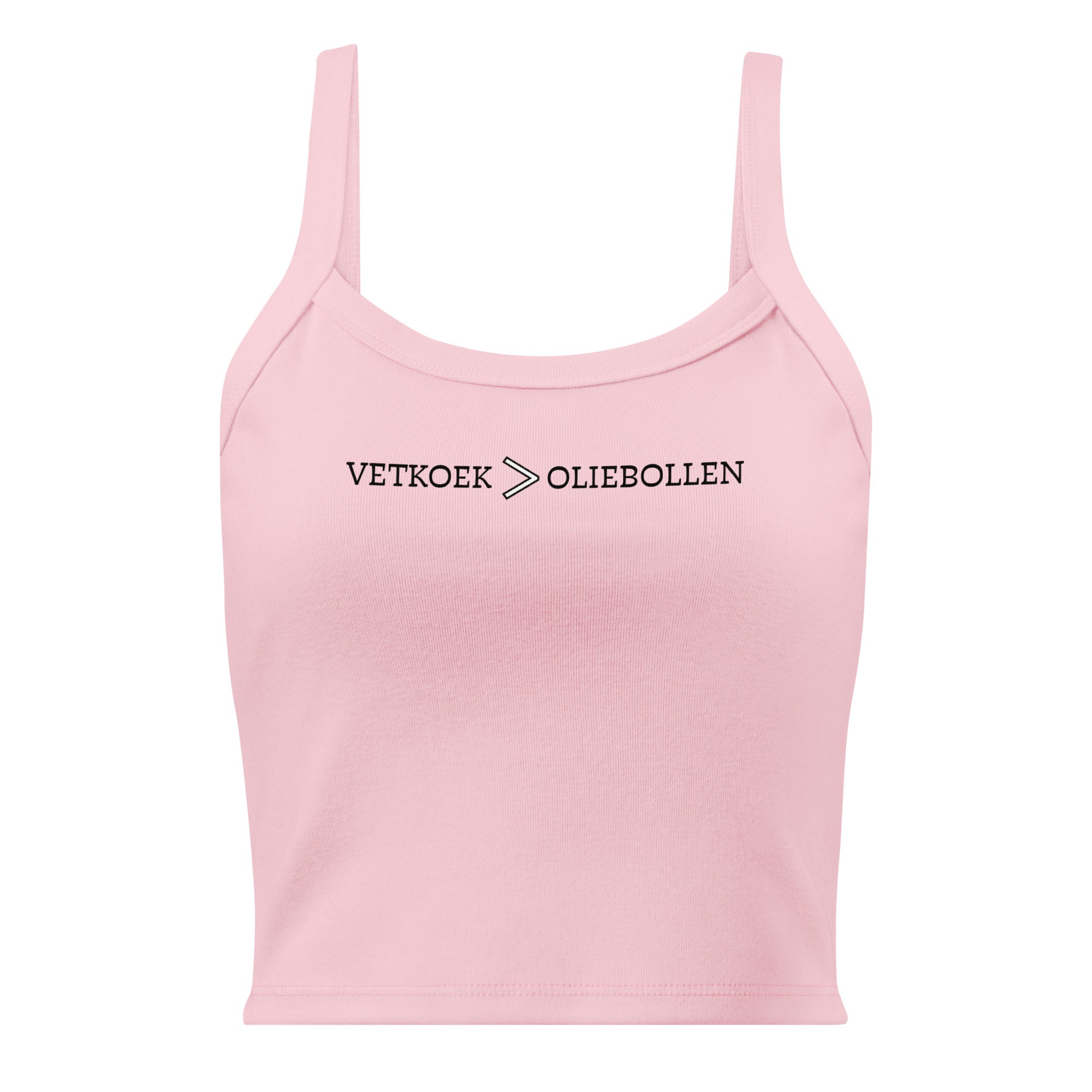 Women’s micro-rib tank top with the text “Vetkoek > Oliebollen” printed across the chest, South African Roots collection top.