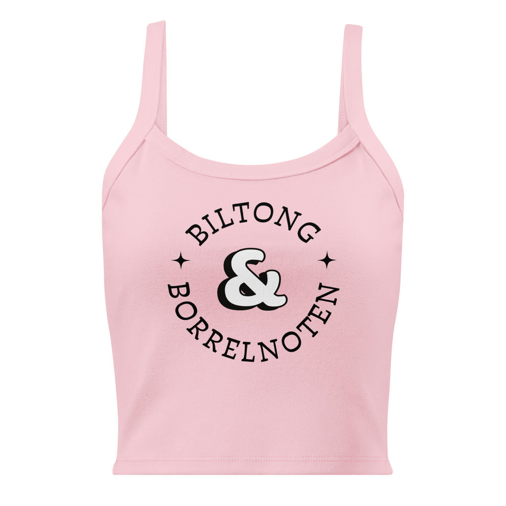 Women’s micro-rib tank top with large black “Biltong & Borrelnoten” circular graphic printed on the front.