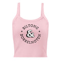 Women’s micro-rib tank top with large black “Biltong & Borrelnoten” circular graphic printed on the front.